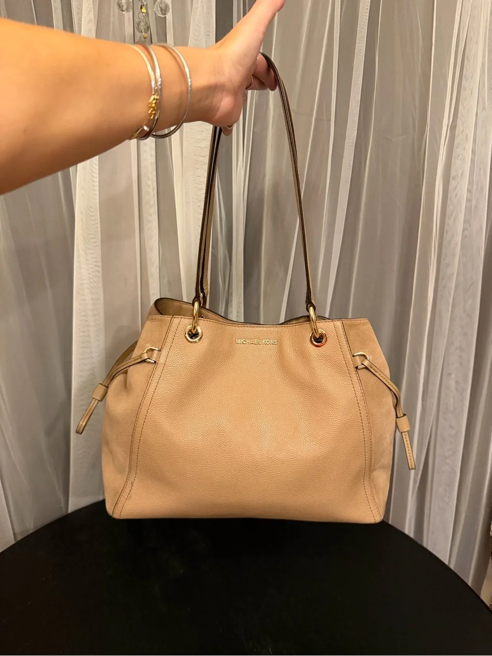 Michael Kors Large Taupe Pebbled Leather & Suede Shoulder Tote Bag
